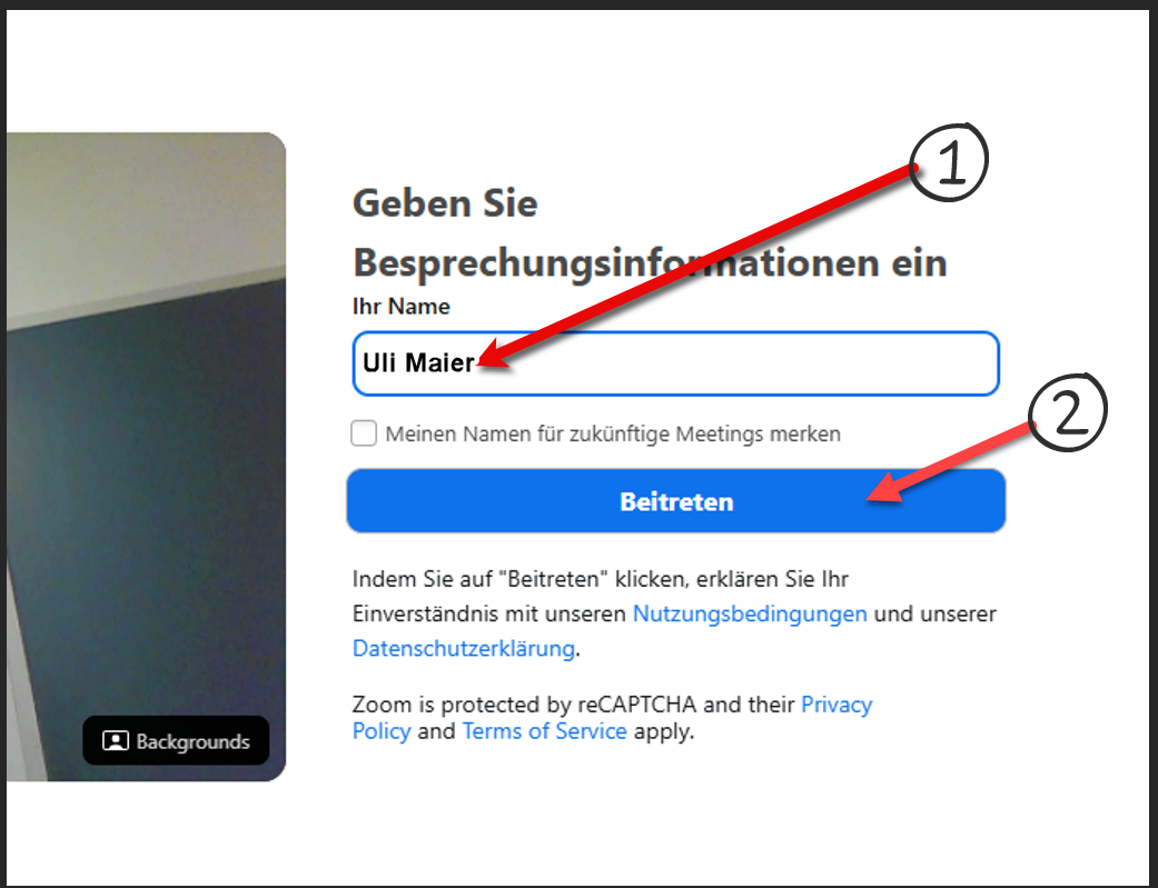 Vorname + Zuname für Anmeldung eingeben